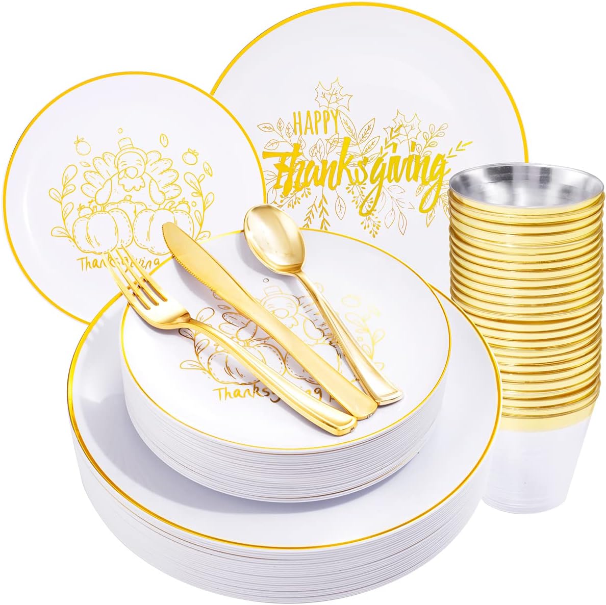 KIRE 25 Guests Gold Plastic Plates for Thanksgiving Parties