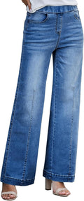 Wide Leg Pull On Jeans for Women - Baggy High Waist Loose Fit