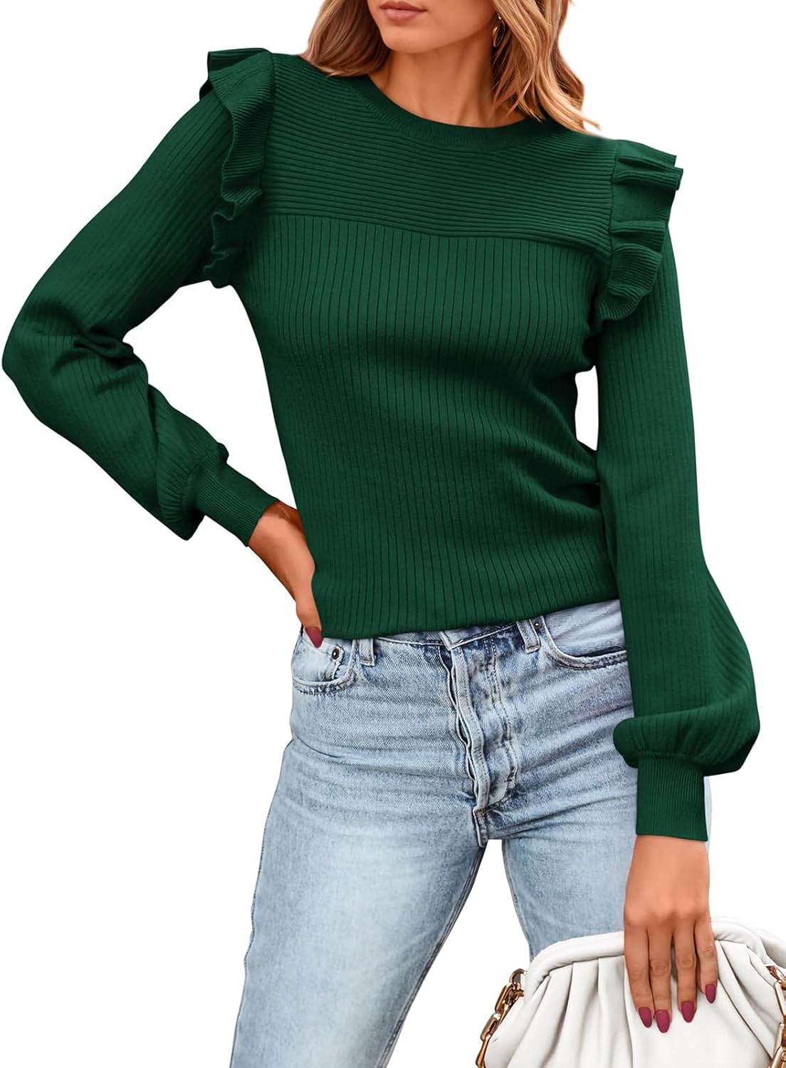 Ruffle Long Sleeve Sweaters for Women - Trendy Fall Knit Tops