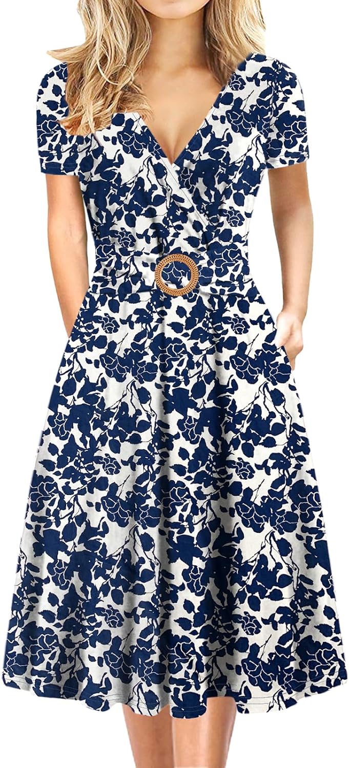 Elegant Criss-Cross V Neck Vintage Short Sleeve Dress with Pockets
