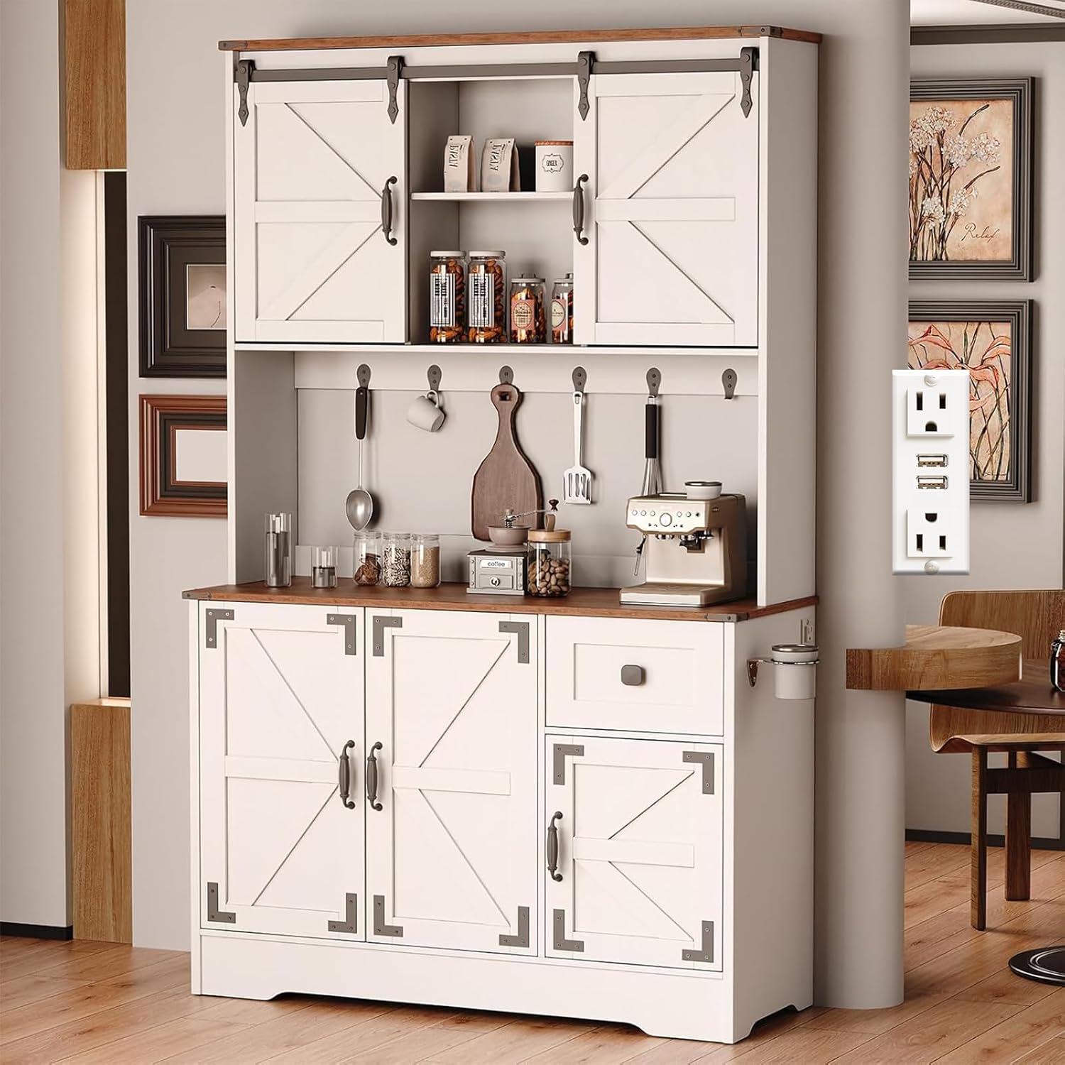 Farmhouse Kitchen Pantry Cabinet with Charging Station
