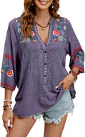 Mexican Shirts Peasant Blouses for Women - 3/4 Sleeve Embroidered