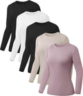 5 Pack Womens Long Sleeve Crew Neck Slim-Fit T Shirts - Soft Layering
