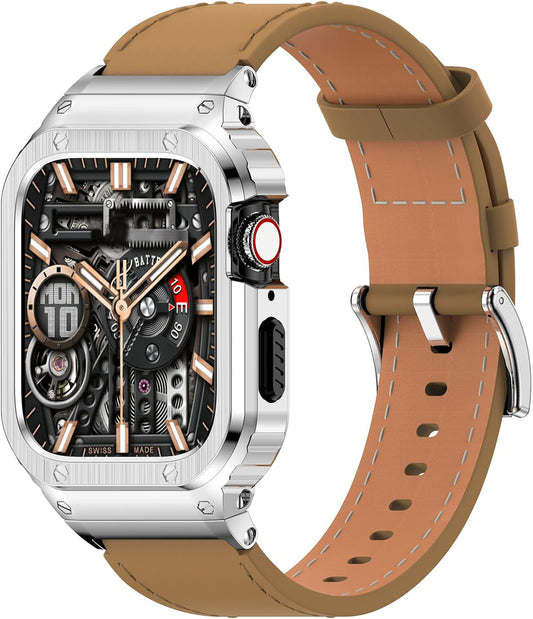 SUPLINK Leather Band with Stainless Steel Case for Apple Watch