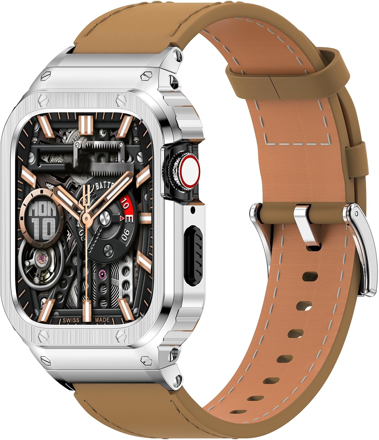 SUPLINK Leather Band with Stainless Steel Case for Apple Watch
