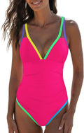 One Piece Tummy Control Swimsuit Neon Color Block - Flattering Fit up