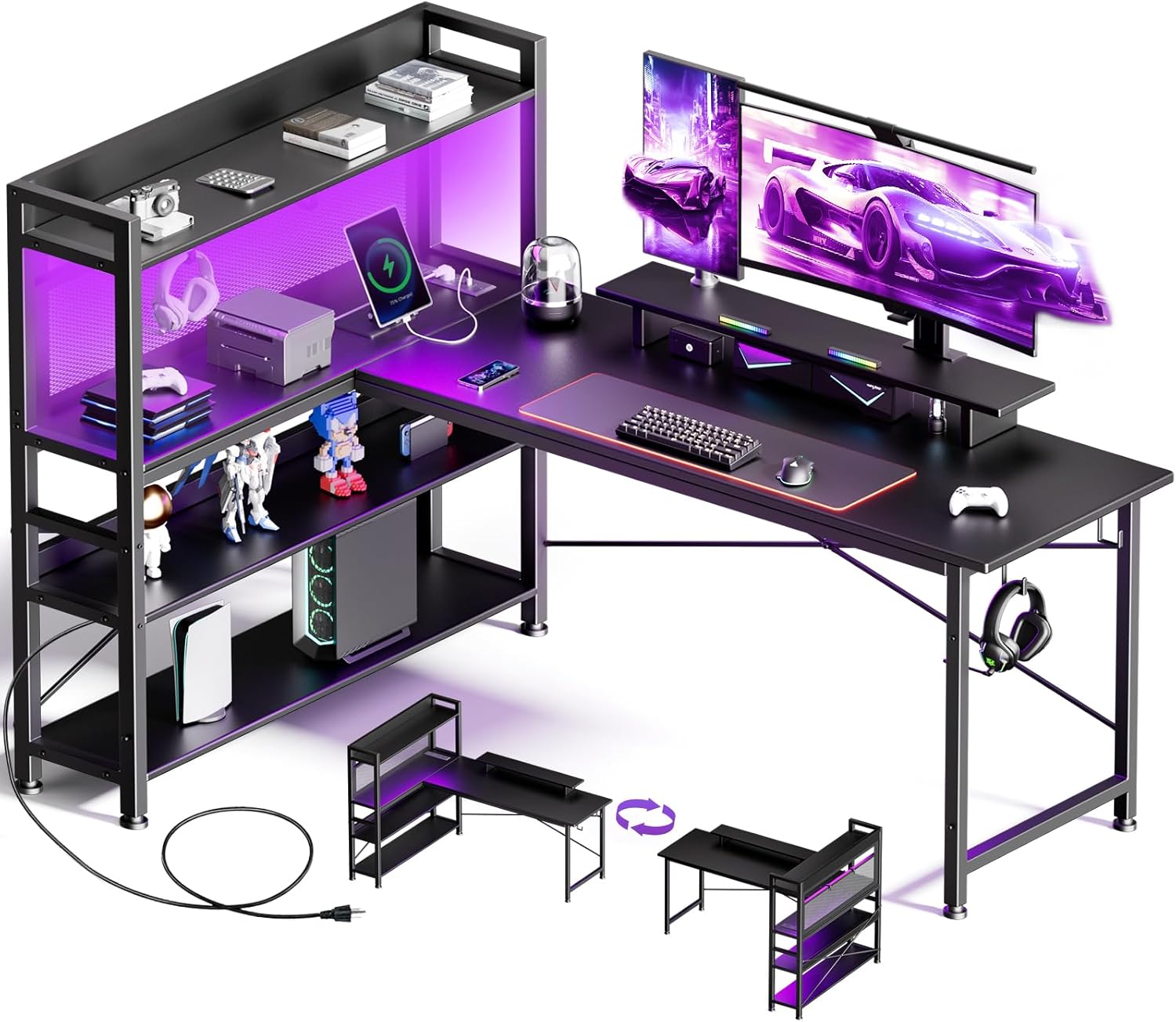 55 LED Gaming Desk with Shelf & Hook