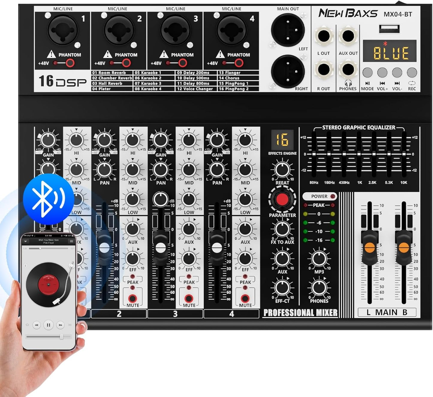Professional Audio Mixer with Bluetooth and DSP Effects for DJs