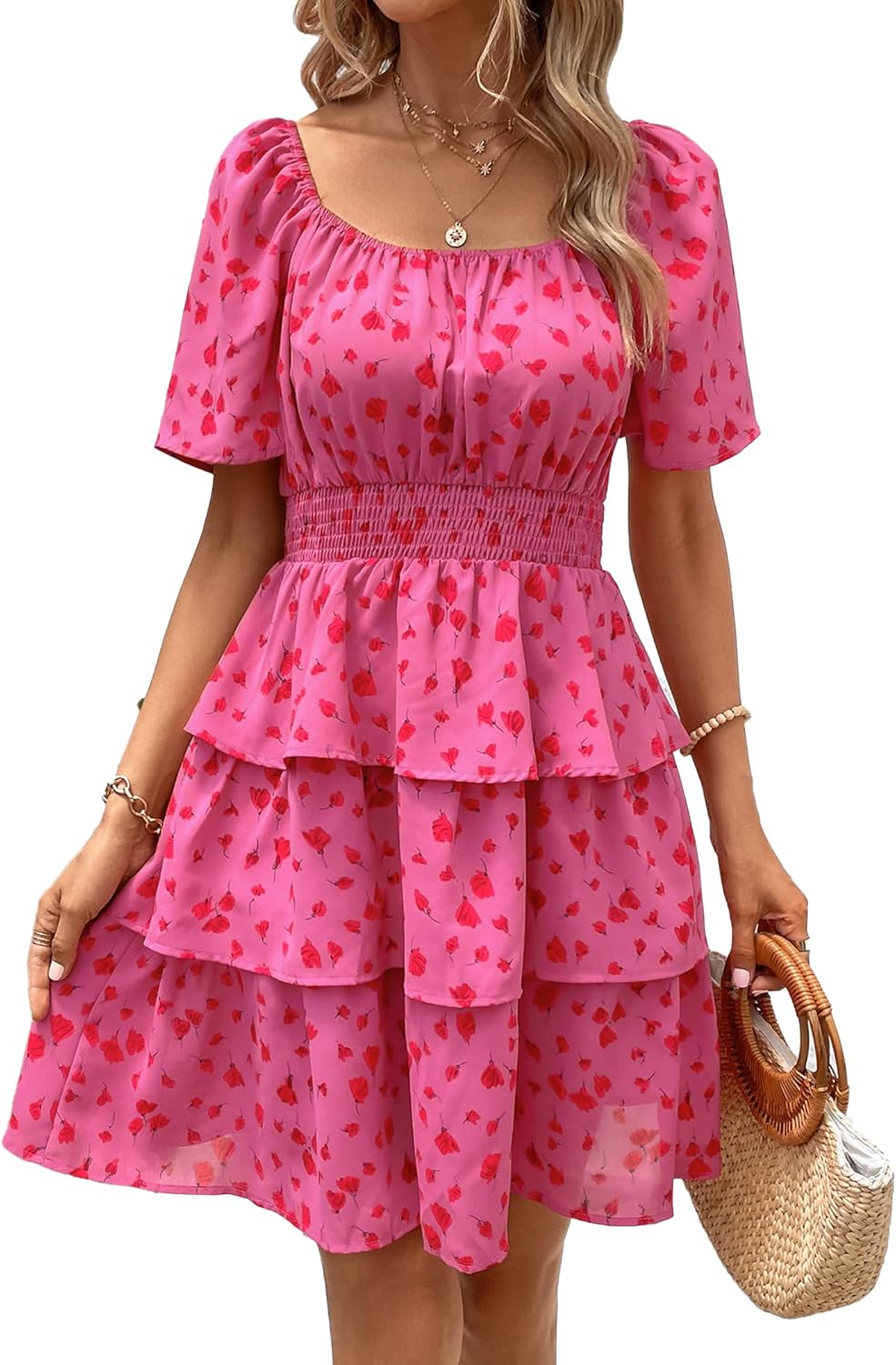 Floral Summer Short Dress with Square Neck and Ruffle Details
