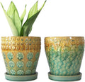 6 Inch Ceramic Planter with Drainage Hole and Saucer - Set of 2