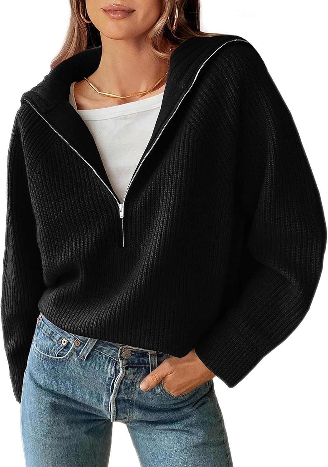 BTFBM Womens Sweaters Quarter Zip Pullover for Cozy Style