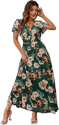 Simplee Women's Boho Floral Maxi Dress - Flowy V Neck Short Sleeve