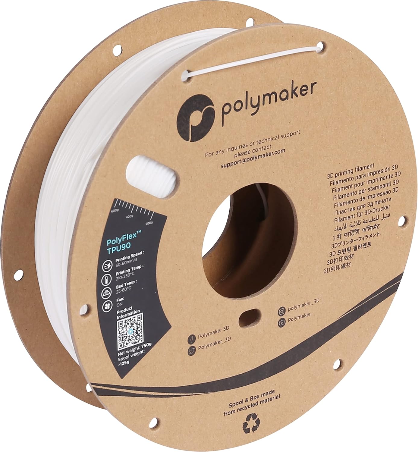 Polymaker TPU Filament 1.75mm White for Flexible 3D Printing