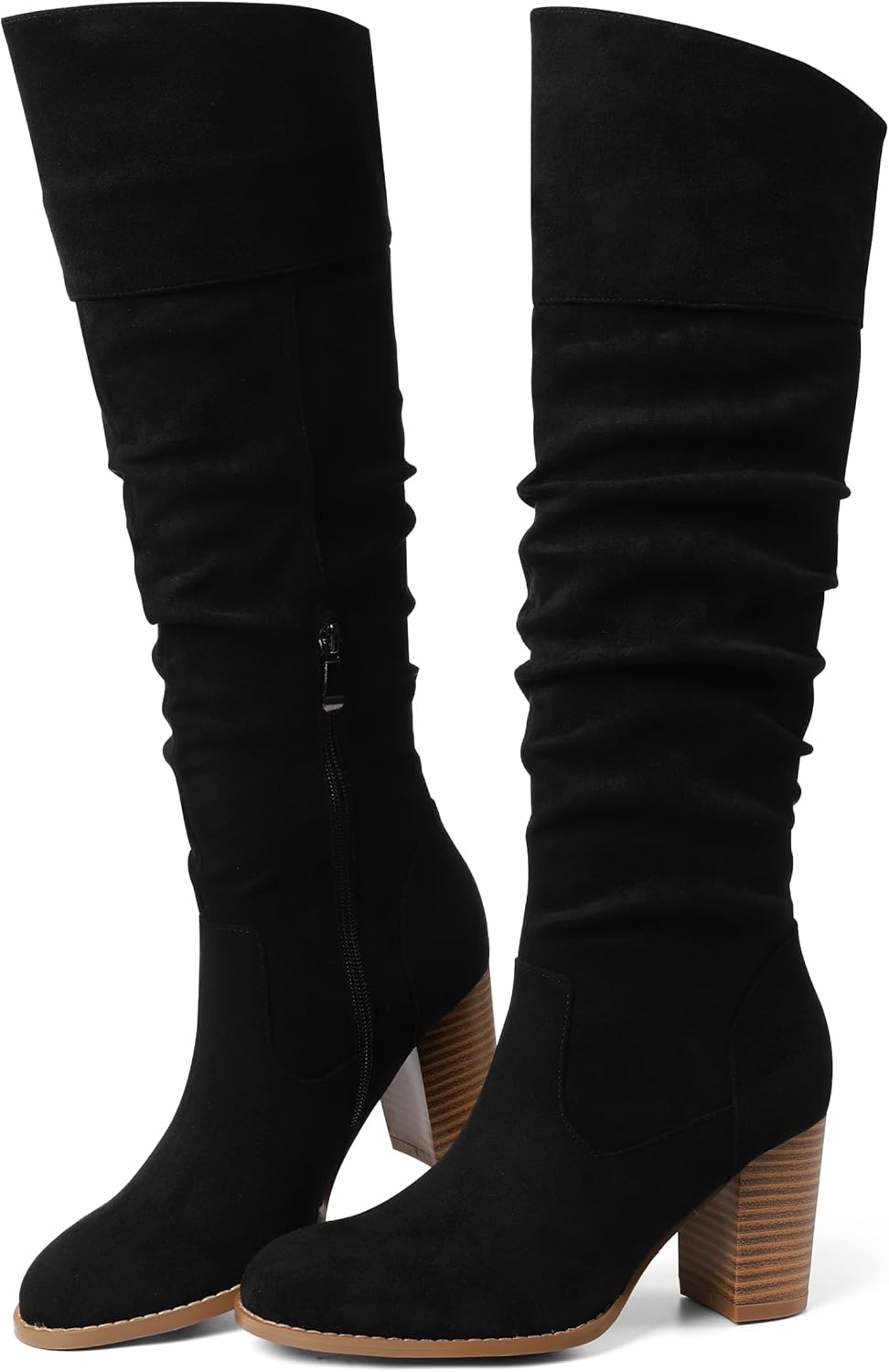 Erocalli Suede Knee-High Boots for Women with Chunky Block Heel