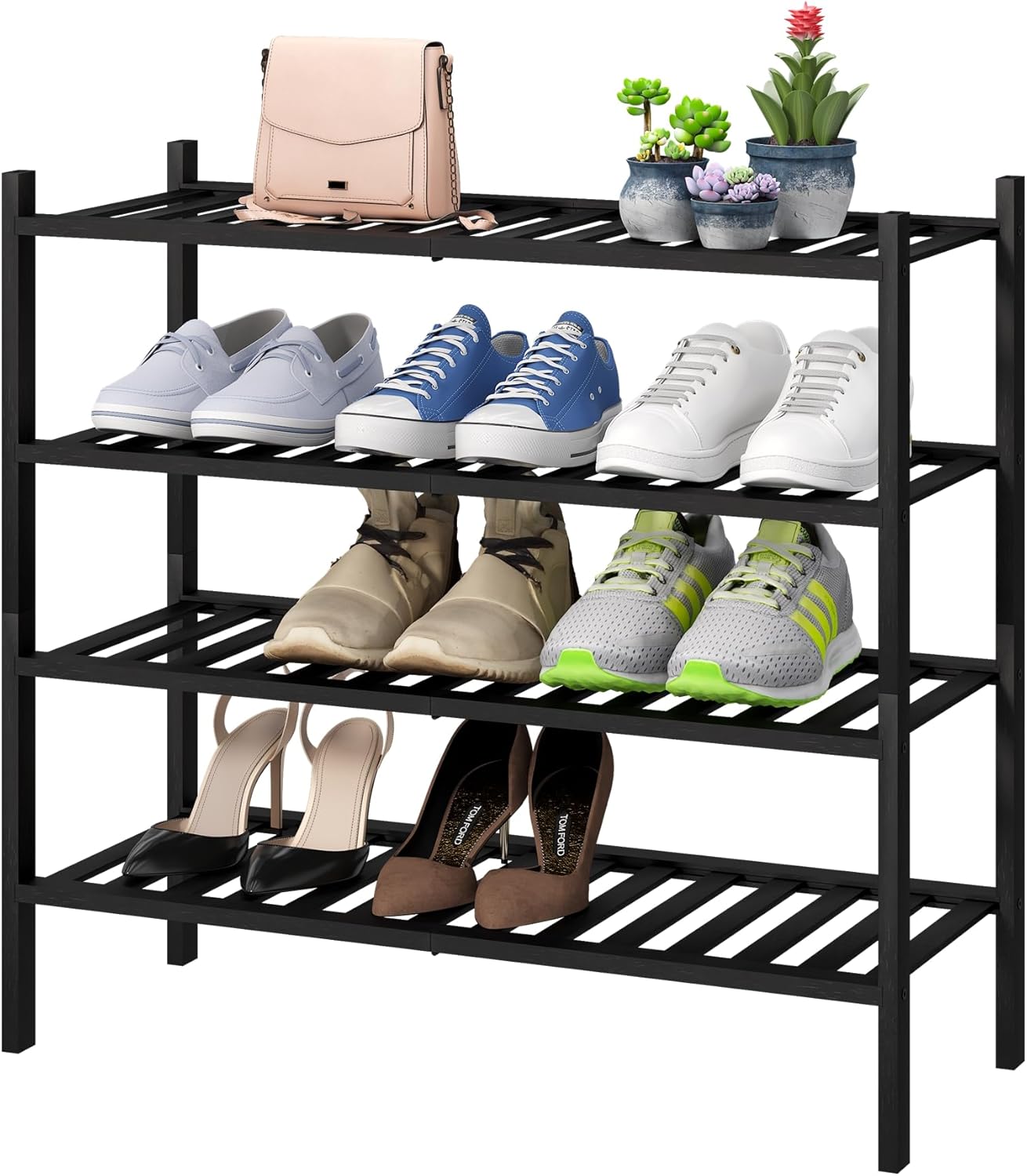4-Tier Black Bamboo Shoe Rack - Stylish Organizer for Entryway