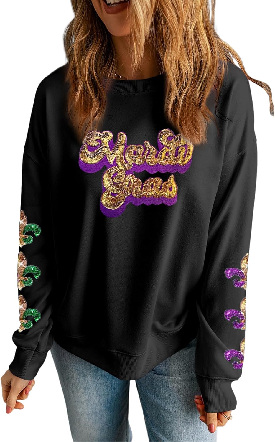 Sequin Patched Mardi Gras Sweatshirt - Festive Casual Top