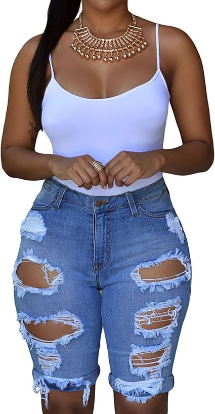 Roswear Women's Ripped Denim Bermuda Shorts for Stylish Comfort