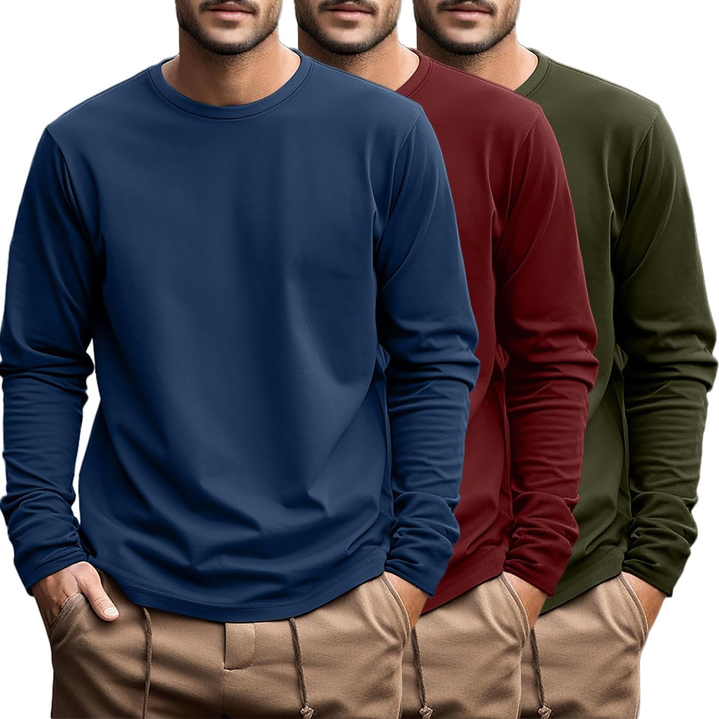 Ficerd Men's Big and Tall Long Sleeve Cotton Tee 3 Pack