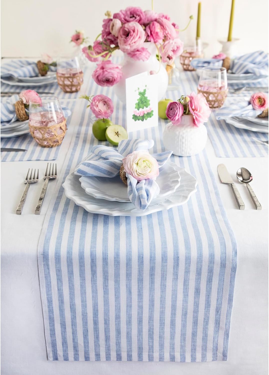 Amalfi Stripe Sky Blue and White Linen Table Runner 14 x 48 in