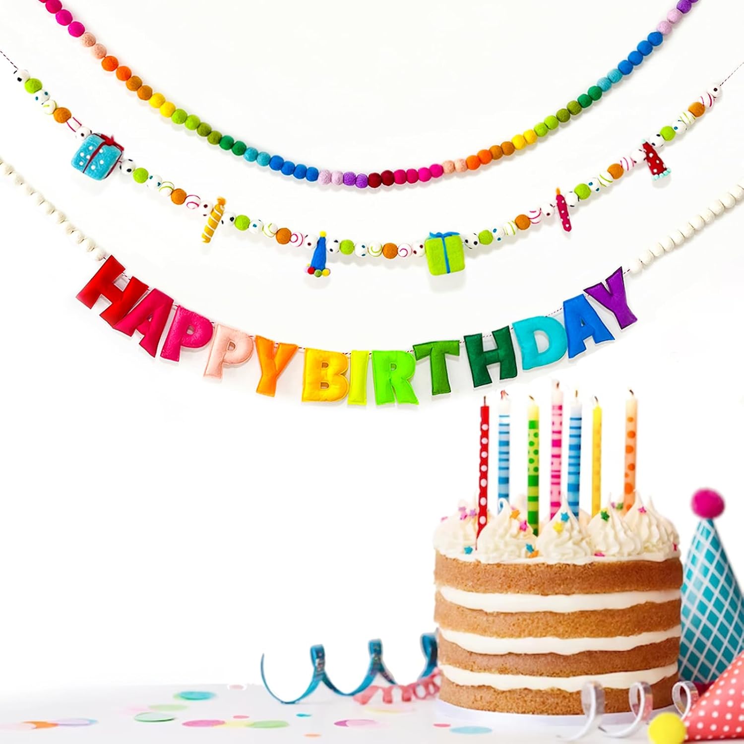 3Pcs Pre-Strung Happy Birthday Banner with Wool Balls for Parties