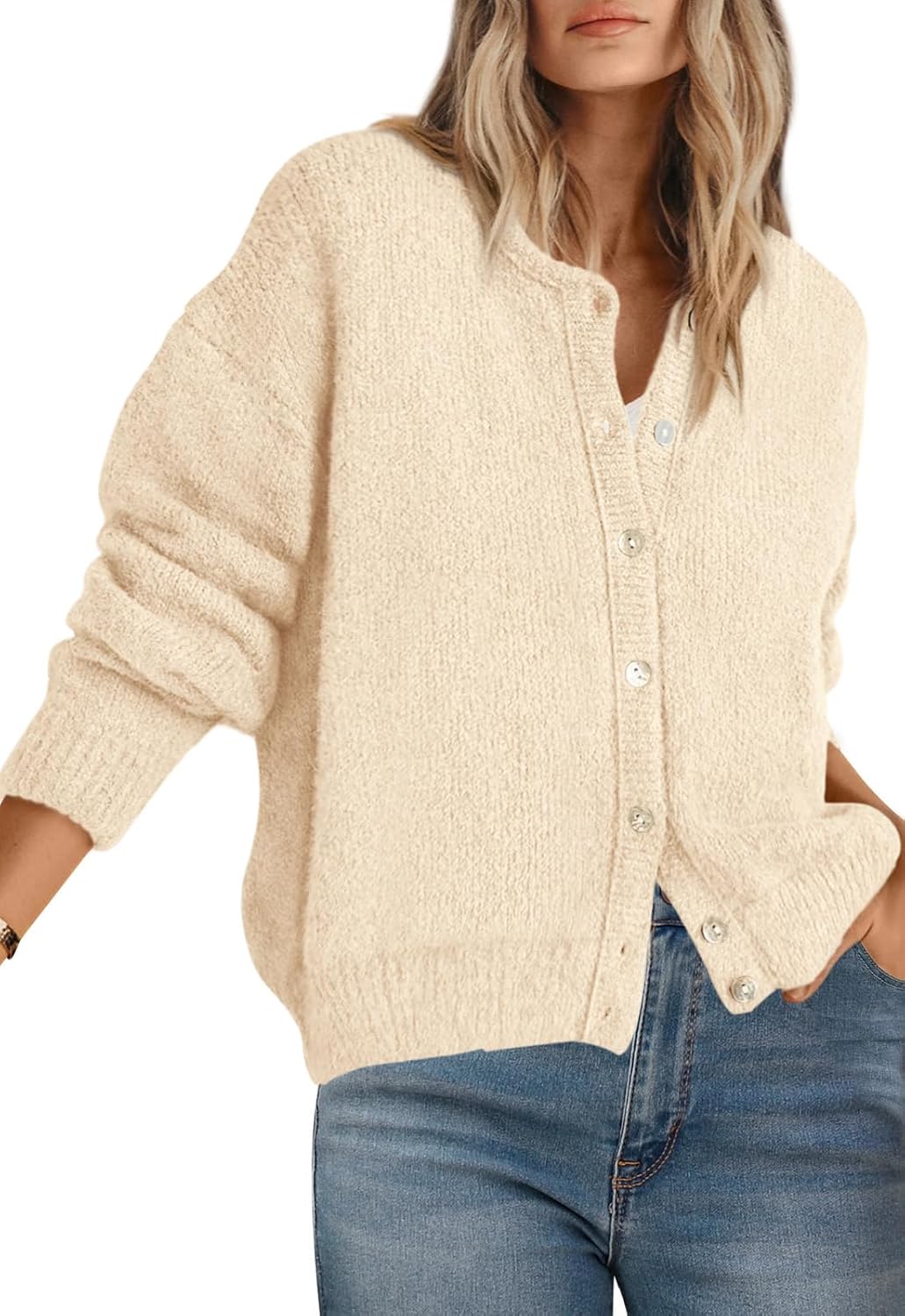 Long Sleeve Crewneck Button Down Cardigan Sweaters for Women