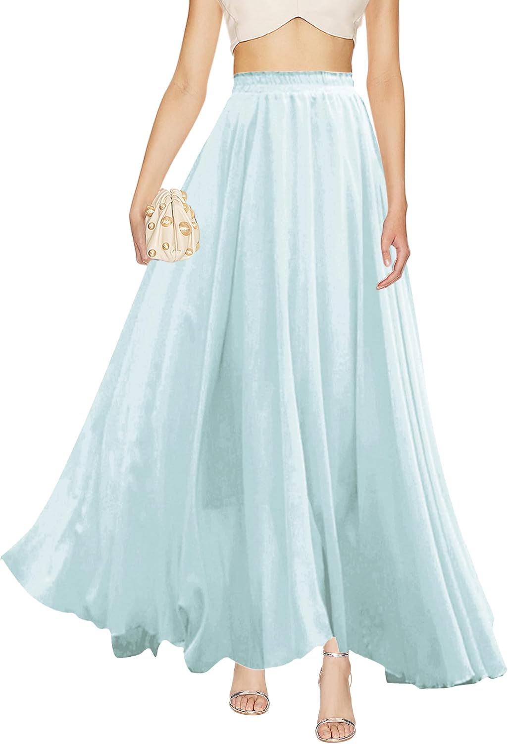 v28 Women Full Ankle Length Elastic Pleated Retro Maxi Skirt