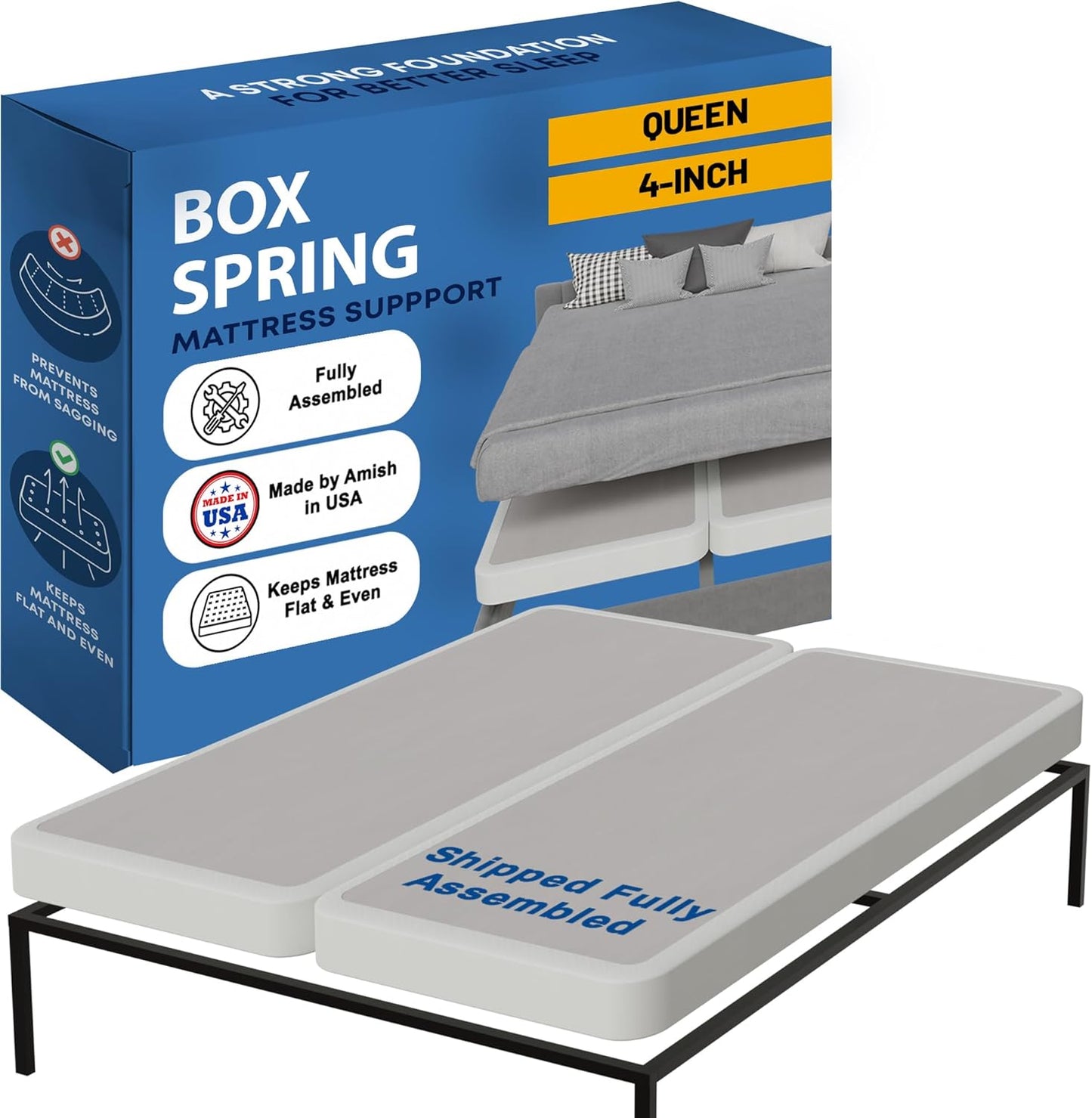Greaton Box Spring Bed Base Queen Size, 4-Inch Wood Foundation