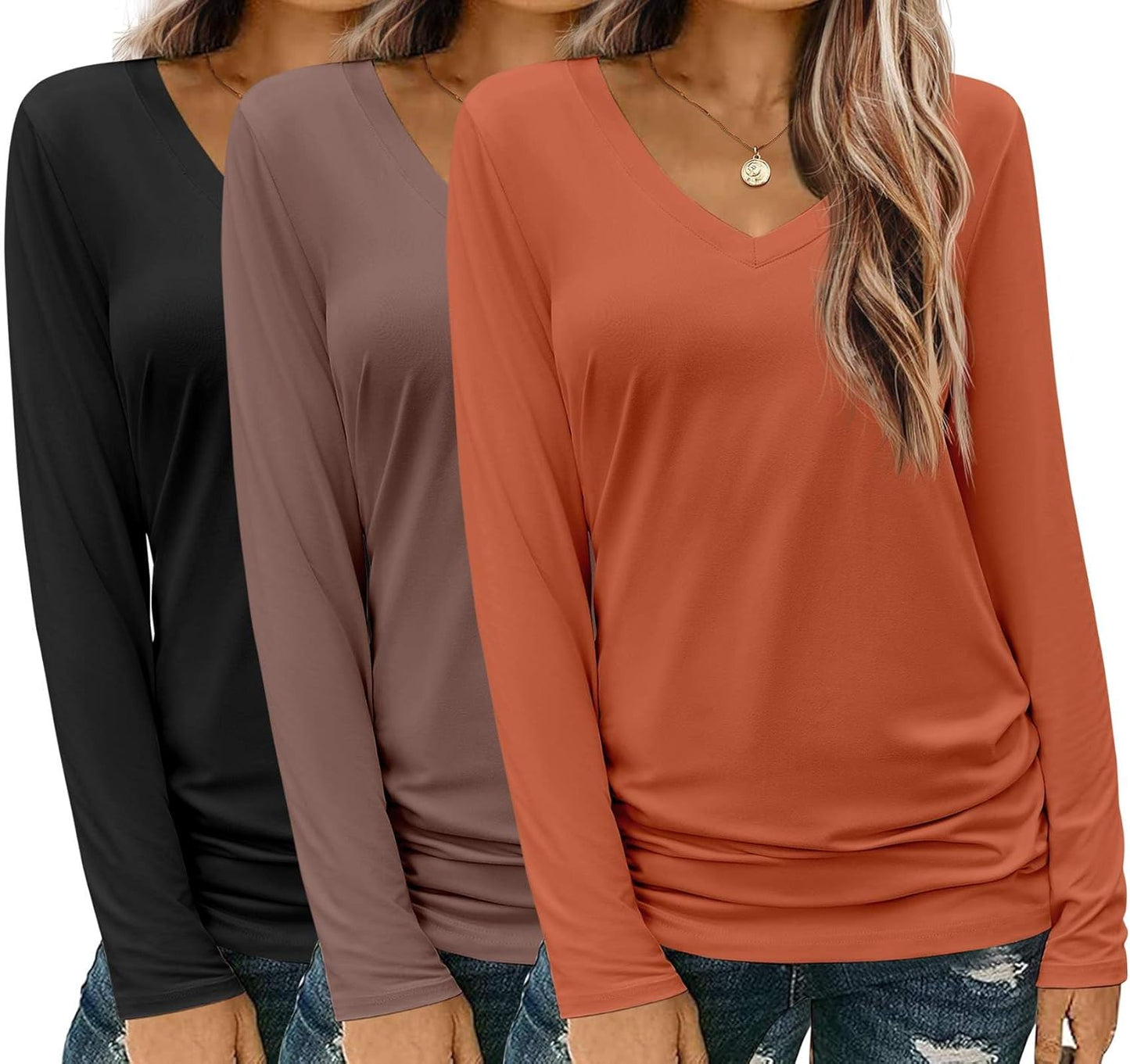 Zeagoo Womens V Neck Long Sleeve T Shirts 3 Pack Casual Tops