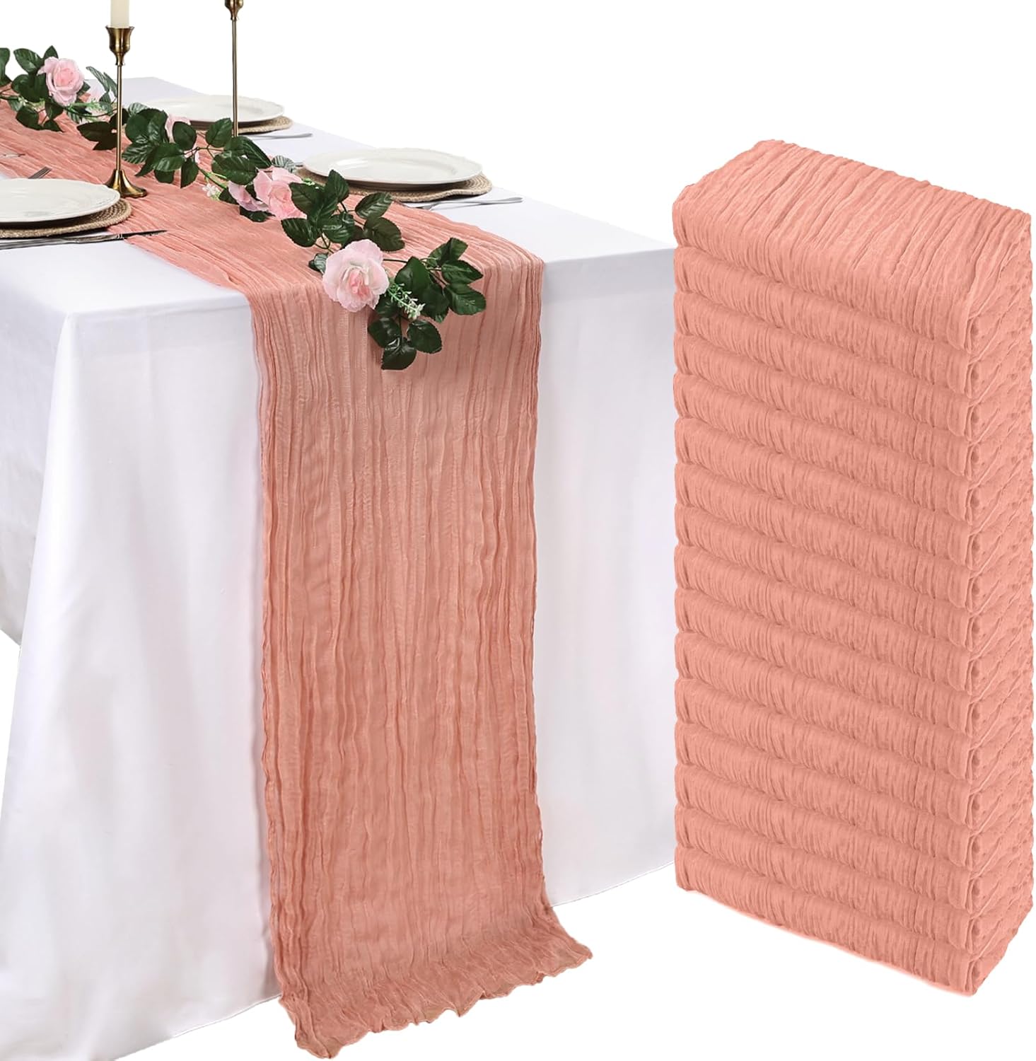 16 Pack Peach Cheesecloth Table Runner for Romantic Decor