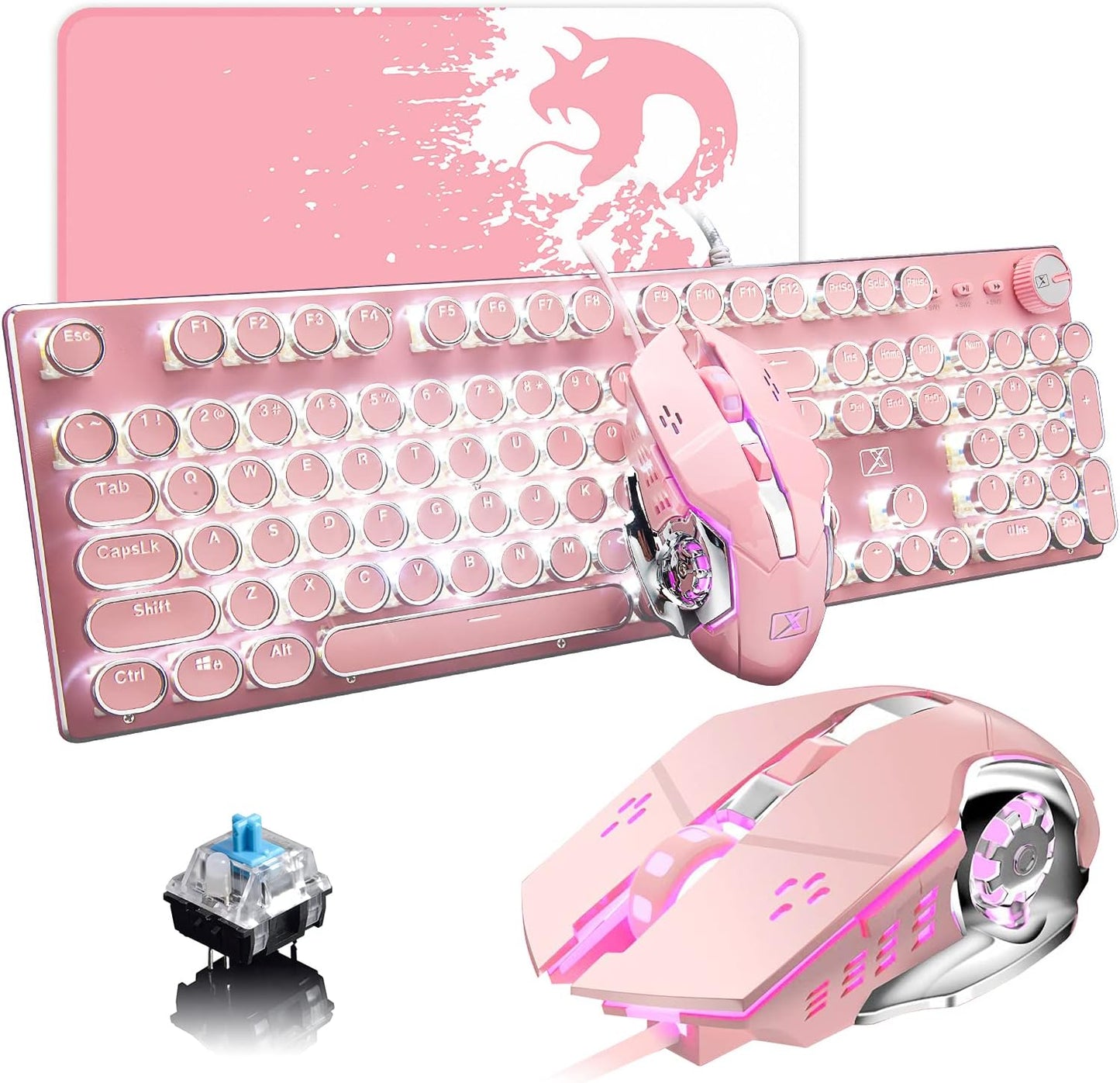 Pink Typewriter Keyboard and Mouse Combo for Retro Gaming