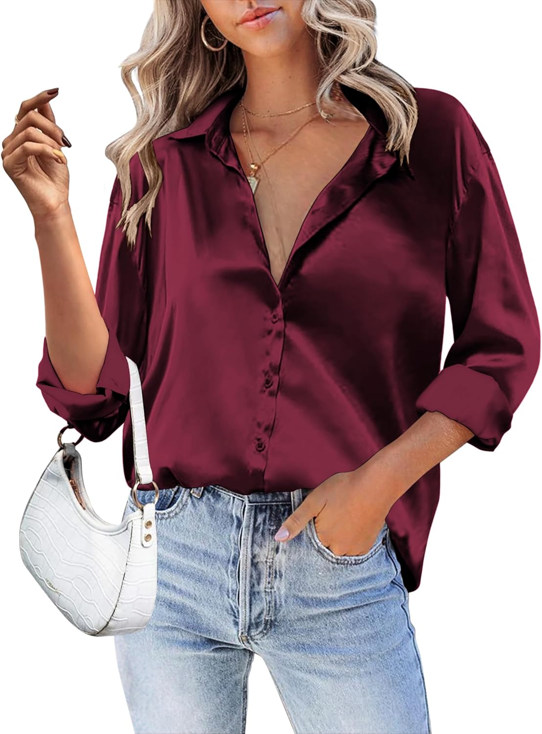 HOTOUCH Women Satin Silk Button Down Shirt for Elegant Style