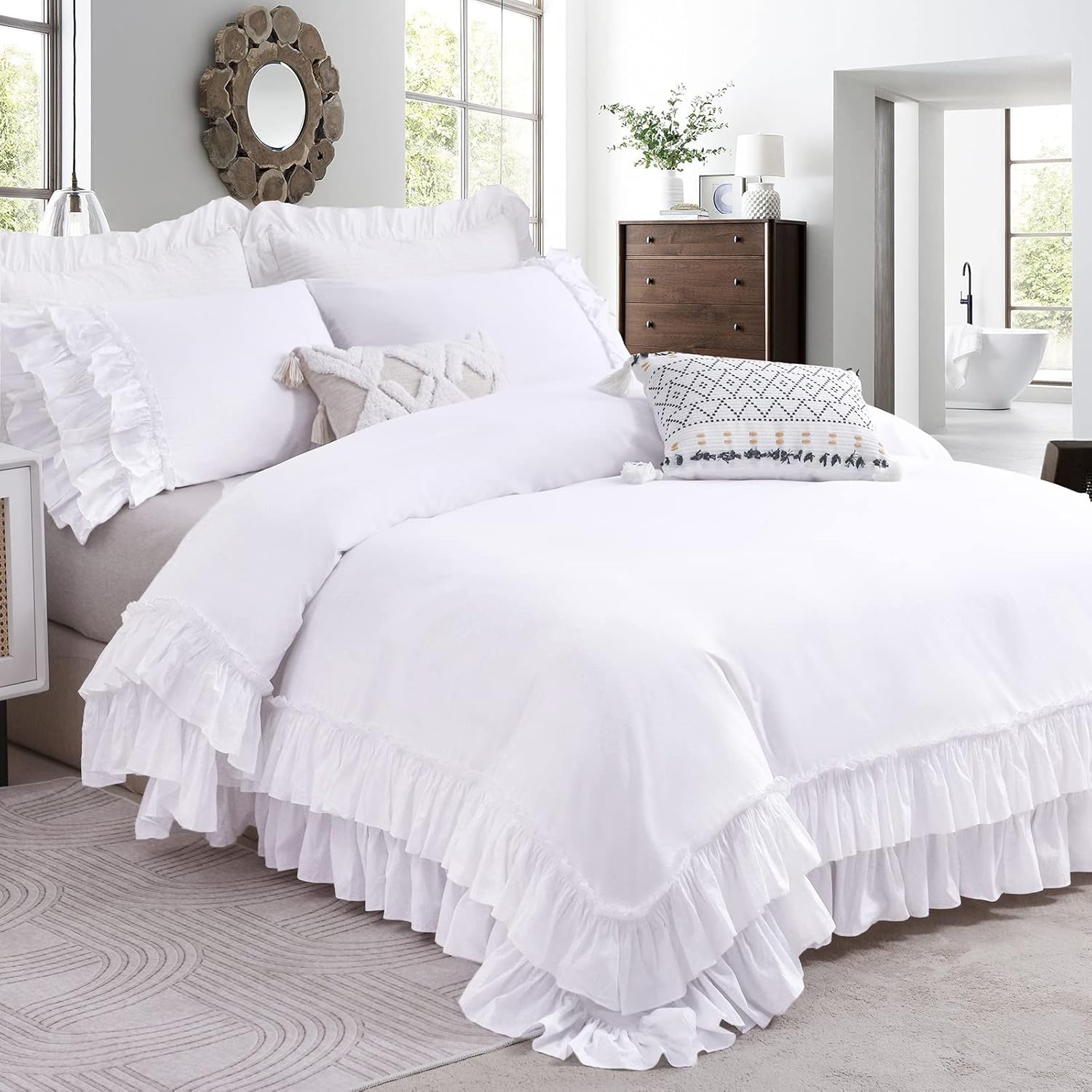 Ruffle White Duvet Cover Queen Size - Soft Cotton Bedding Set