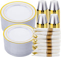 350 PCS White and Gold Plastic Dinnerware Set for 50 Guests - Elegant