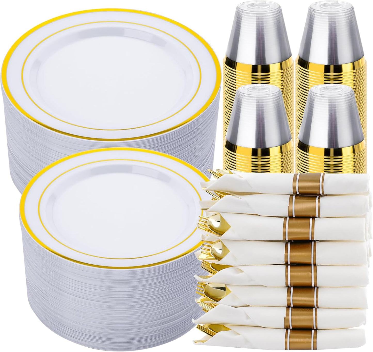 350 PCS White and Gold Plastic Dinnerware Set for 50 Guests