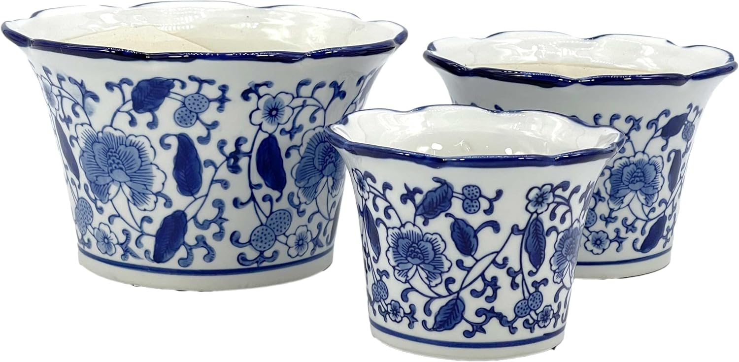 Blue & White Floral Ceramic Decorative Flower Pot Set of 3