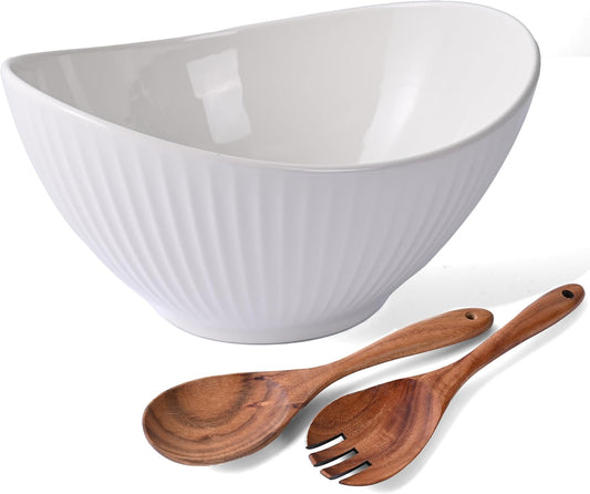 Ceramic Oval Salad Bowl with Acacia Wood Utensils for Entertaining
