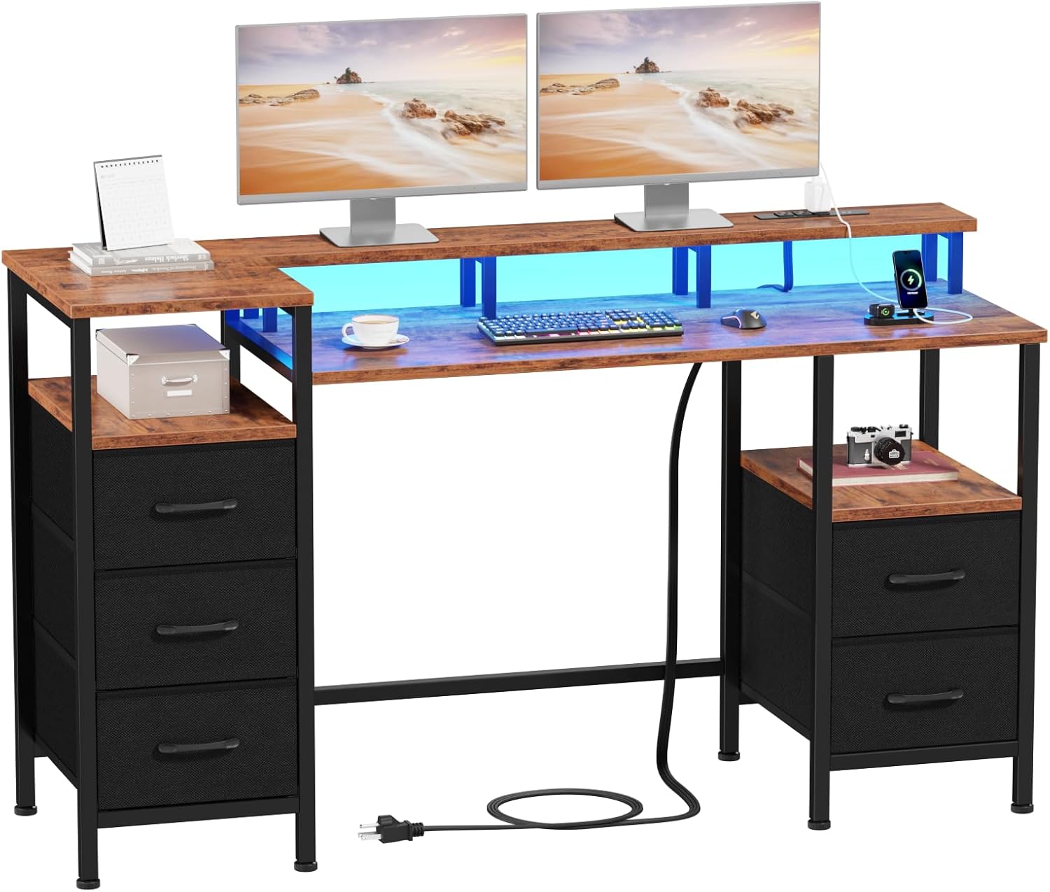 Korfile Gaming Desk with Power Outlets & LED Lights, 47 Inch Rustic Brown