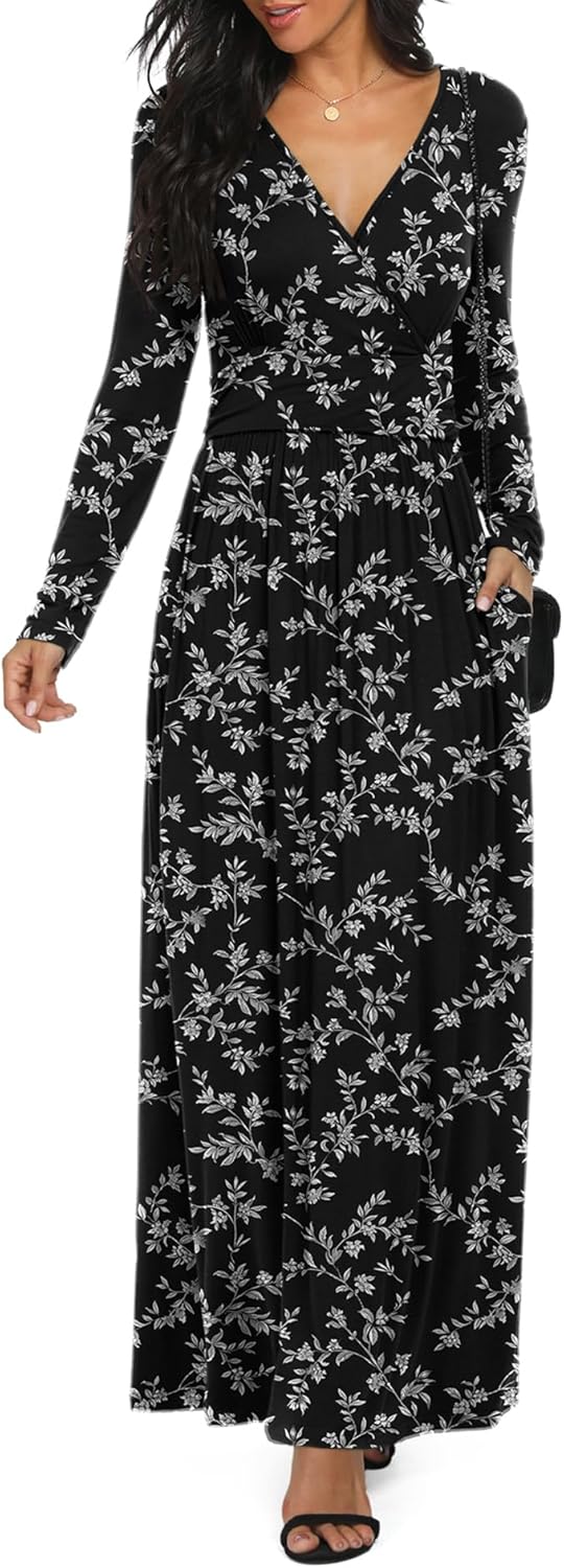 LILBETTER Women Long Sleeve Deep V Neck Maxi Casual Dress