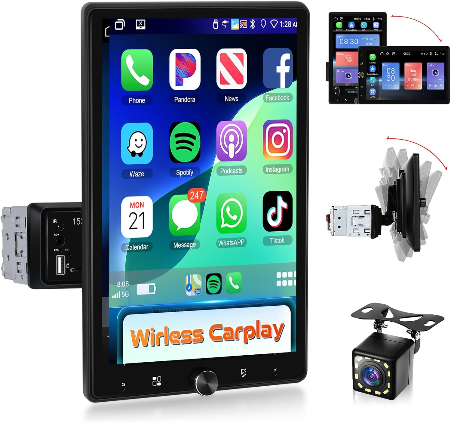 Podofo 10.4 Inch Single Din Radio with Wireless CarPlay & More