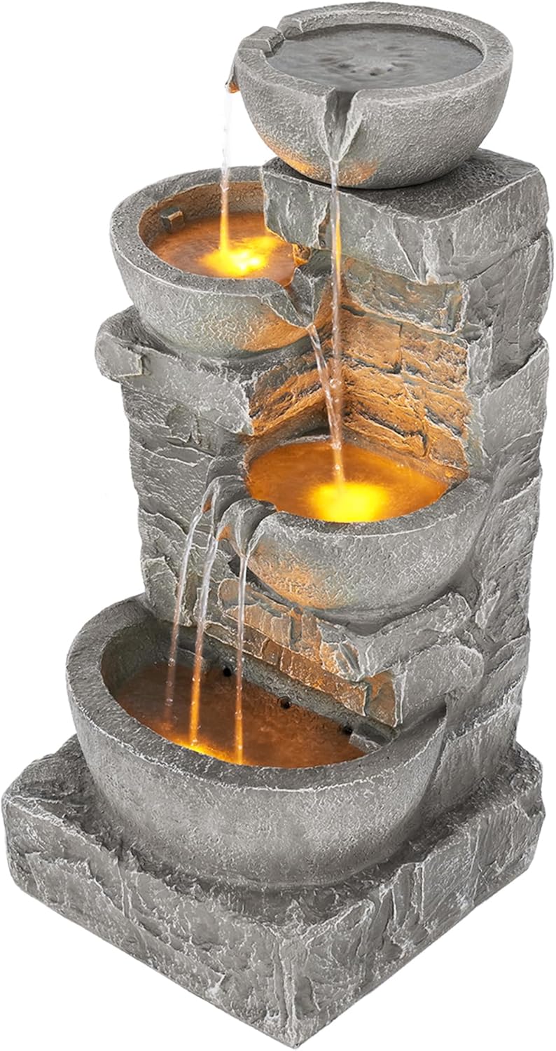 Cascading Bowls and Stacked Stones Outdoor Water Fountain