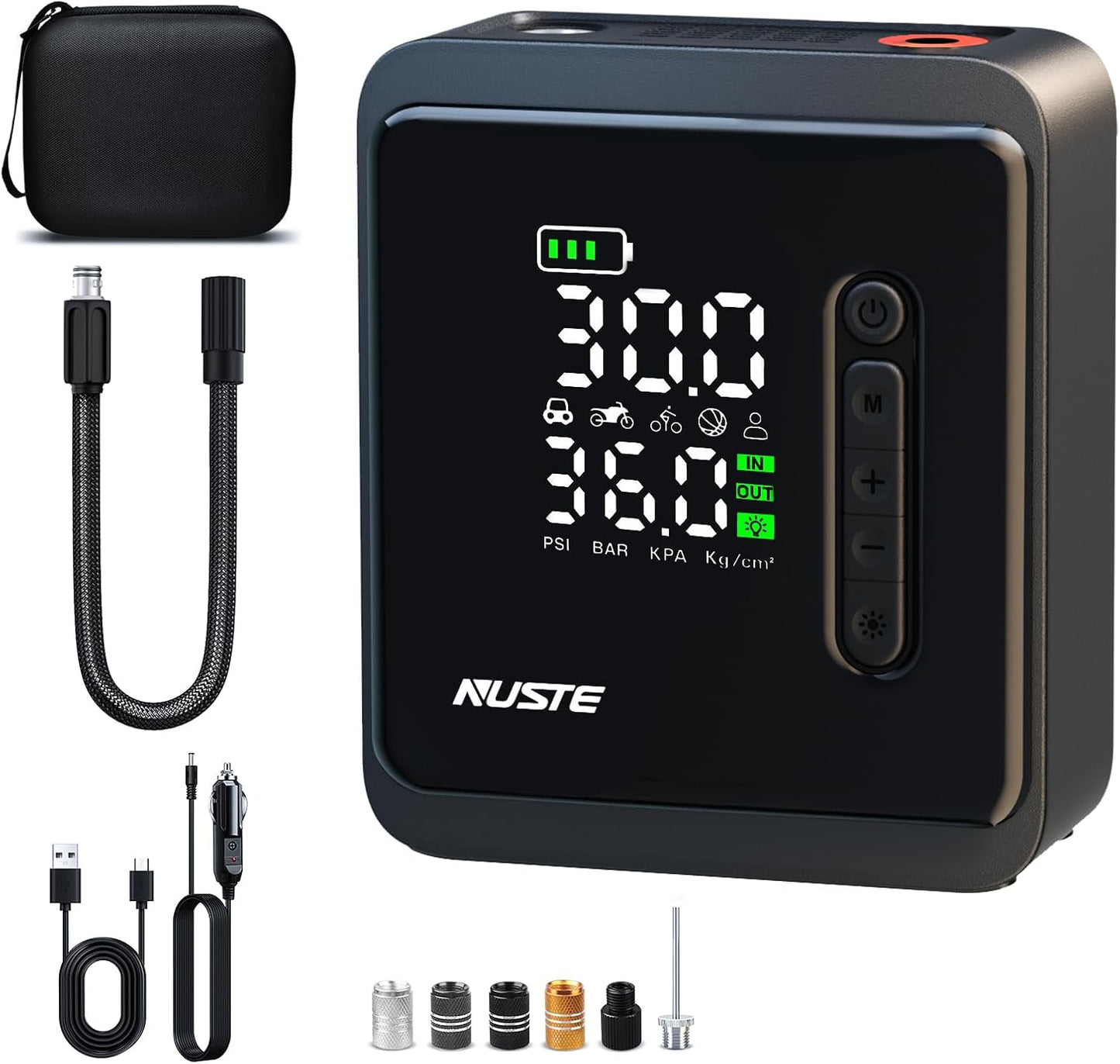 NUSTE Portable Tire Inflator - 150PSI Power, Dual Power Supply, LCD Screen