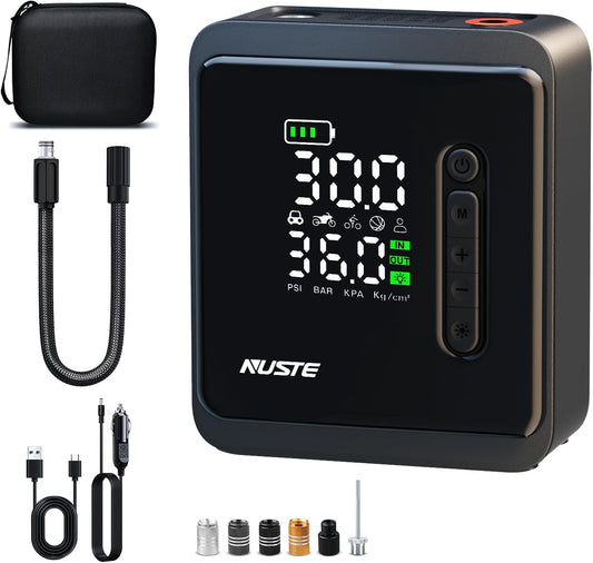 NUSTE Portable Tire Inflator - 150PSI Power, Dual Power Supply, LCD Screen