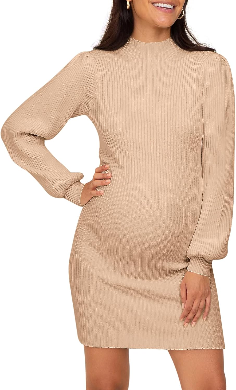 Maternity Sweater Dress for Pregnant Women with Puff Sleeves