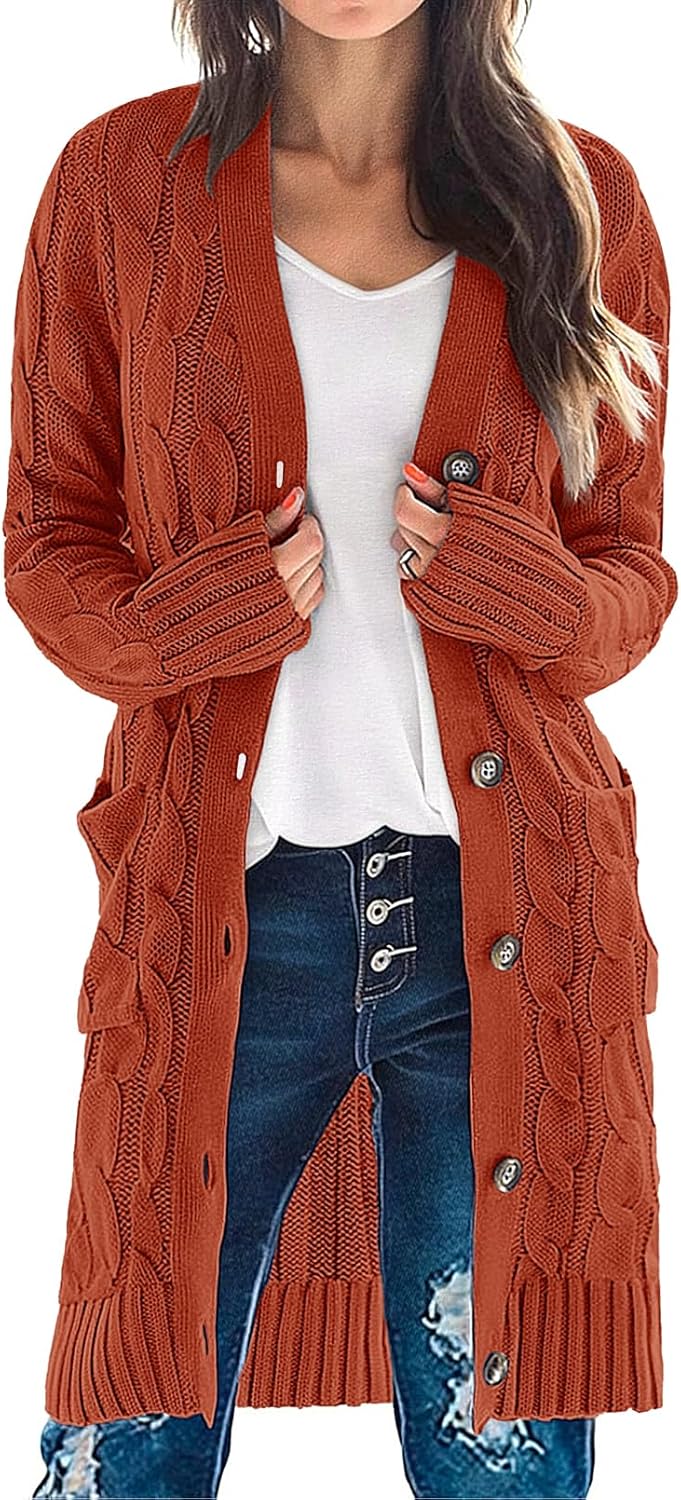 MEROKEETY Women's Long Sleeve Cable Knit Cardigan Sweater
