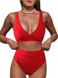 Women's Leopard High Waisted Bikini Set - V Neck Tummy Control