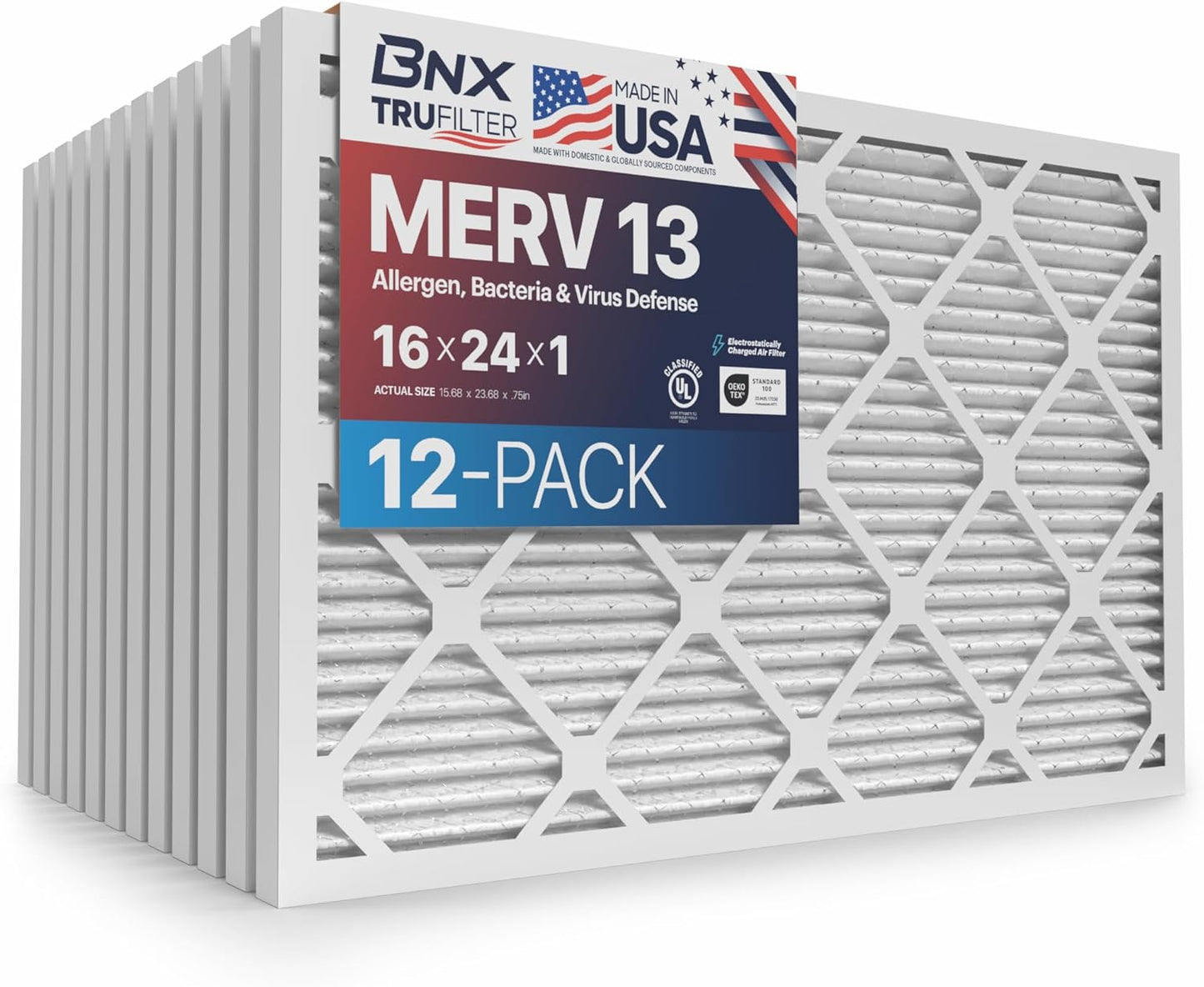 BNX TruFilter 16x24x1 MERV 13 Air Filter for Cleaner Air