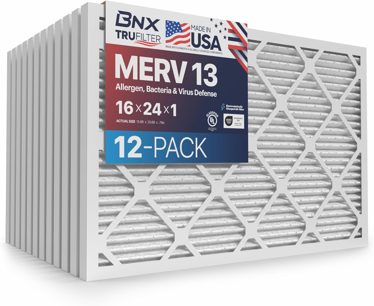 BNX TruFilter 16x24x1 MERV 13 Air Filter for Cleaner Air