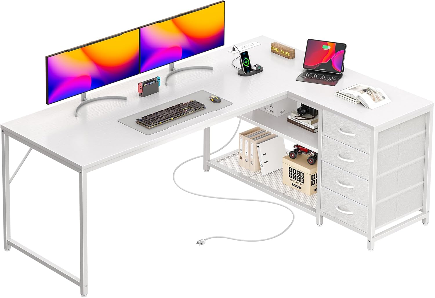Reversible L Shaped Desk with Power Outlets for Home Office