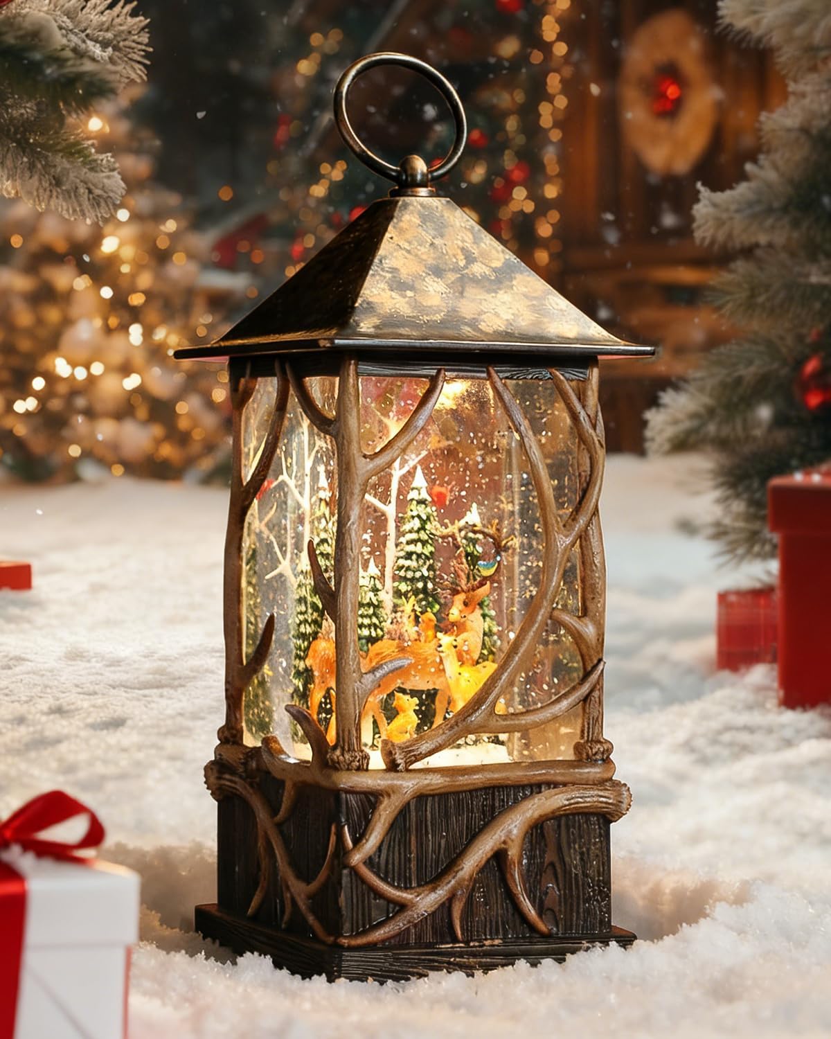 Christmas Snow Globe Lantern with Reindeer and Cardinals