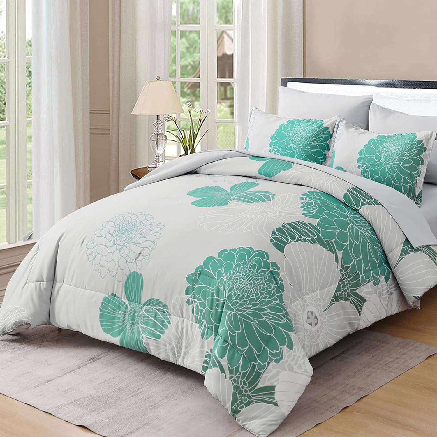 Yiran Grey Aqua Floral King Comforter Set Soft Microfiber Bedding